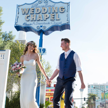 Traditional Las Vegas Wedding Couple Outside by Graceland Storybook Sign